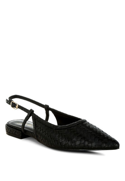 Black woven slingback sandals with pointed toe and block heel