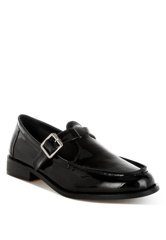 Black Swenson Mary Jane Loafers front angle, glossy patent pleather with buckle strap and closed round toe