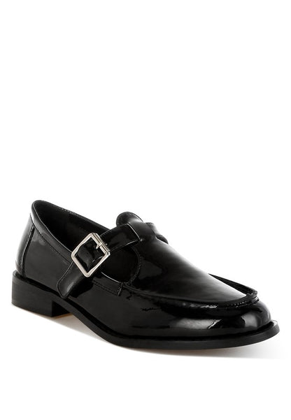Black Swenson Mary Jane Loafers front angle, glossy patent pleather with buckle strap and closed round toe
