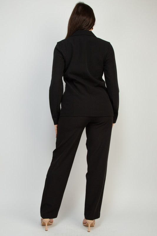 Black dressy pants and blazer set with collared neckline, polished workwear, back view