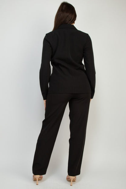 Black dressy pants and blazer set with collared neckline, polished workwear, back view