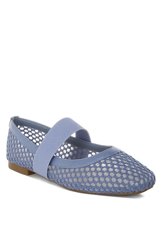 Blue Nayela Ballerina Flats with square toe and mid-foot strap, shown at a front angle.