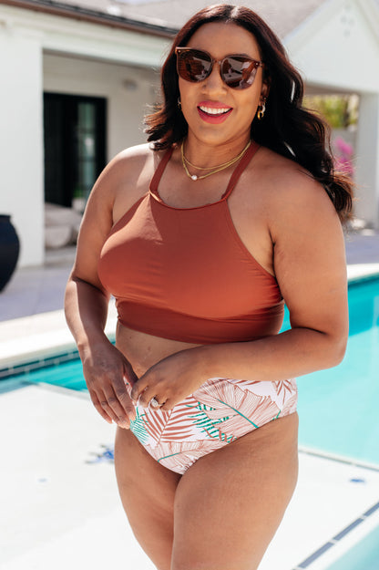 Bora Bora Halter Swim Top in cinnamon featuring a supportive halter neckline, removable cups, and a mesh liner for comfort and style. Available in Plus Size and Regular sizes