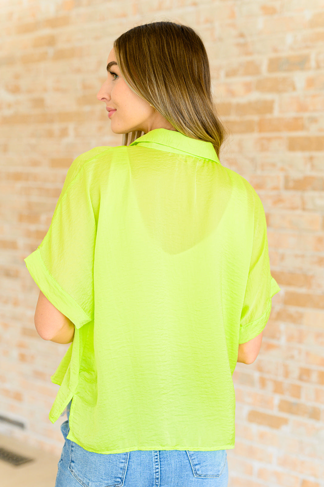 Bree Button Down Blouse - Citrus Woven Top, Side Slits, Drop Shoulder