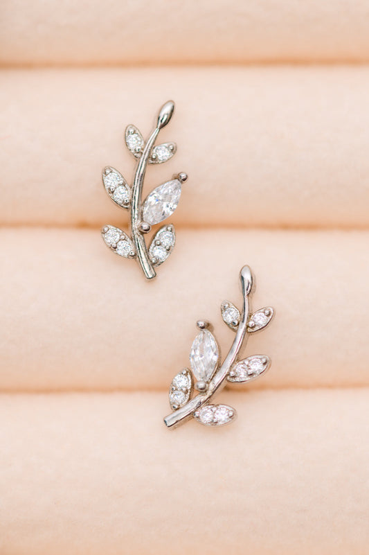 Vine shaped Stud Earrings made of 925 sterling silver, featuring cubic zircon stones and a push-back closure