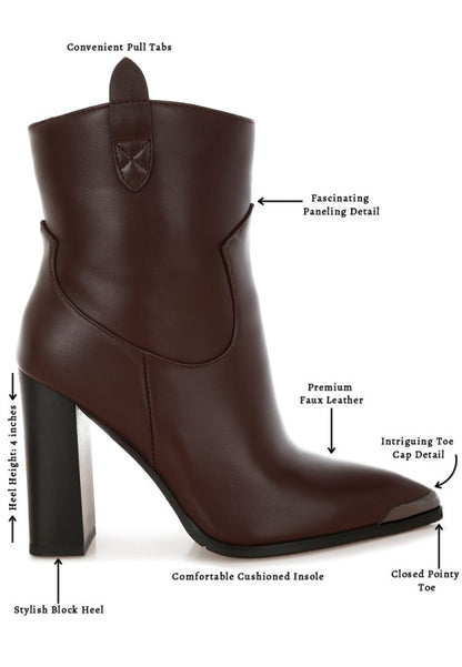 Infographic of Brown Hatter Pointed Toe Boots highlighting vegan leather, heel height, and zipper closure