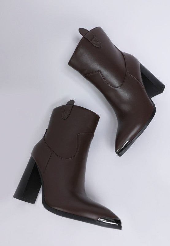 Top view of Brown Hatter Boots showing paneling and interior lining detail and pointed toe design.