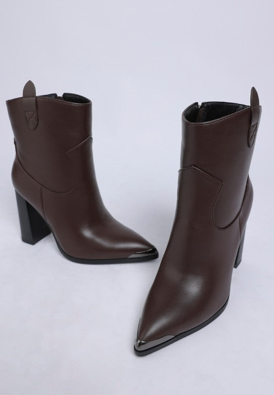 Brown Hatter Boots pair with one front angle and the other side angle showing sleek block heel
