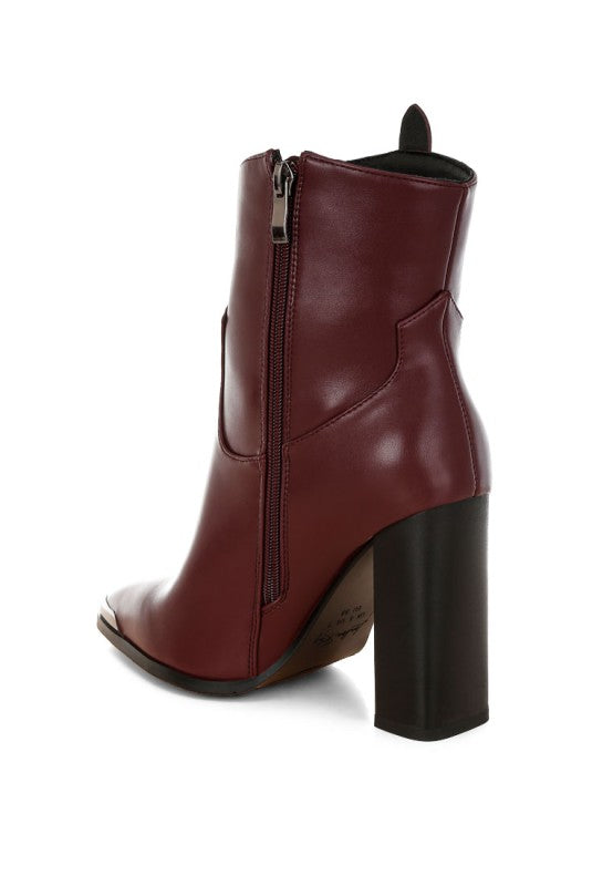 Back angle view of Burgundy Hatter Pointed Toe Boots showing zipper closure and pointed toe
