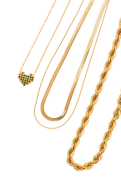 Call Me Back Jewelry Bundle with gold rope, double chain, and heart necklace front view.