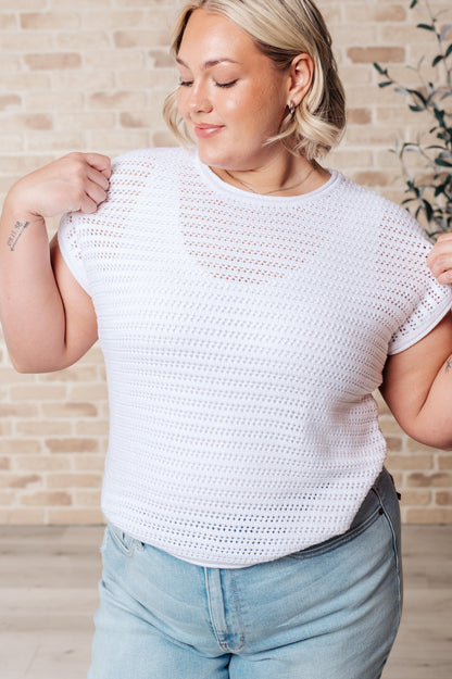 Plus size Callie Open Knit Cap Sleeve Sweater in white with breezy dolman sleeves and ribbed neckline for all-day comfort.