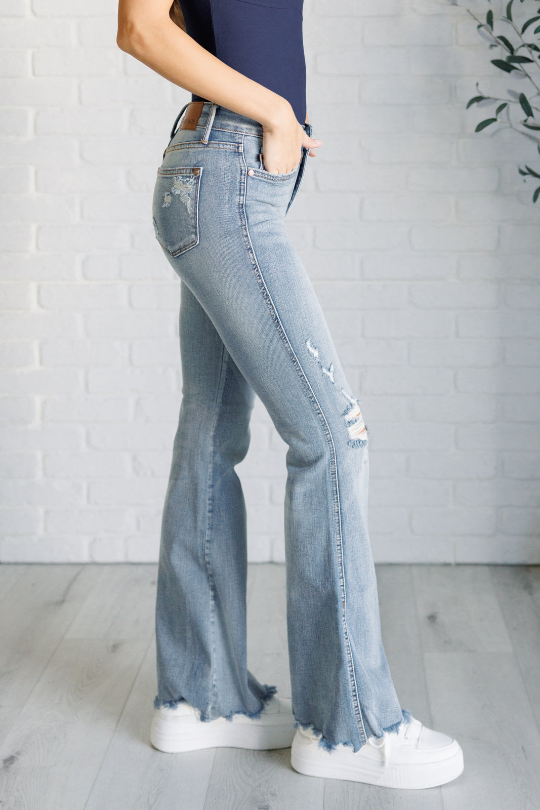 Caroline Mid Rise Control Top Distressed Flare Jeans By Judy Blue