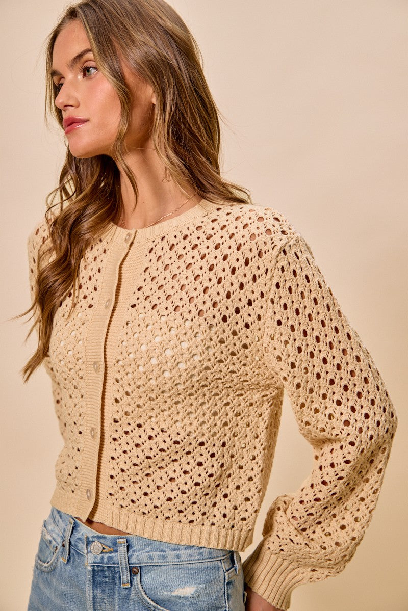 Side view of Casey Open Knitted Button Down Cardigan highlighting airy knit and relaxed fit.