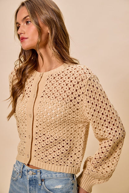 Side view of Casey Open Knitted Button Down Cardigan highlighting airy knit and relaxed fit.