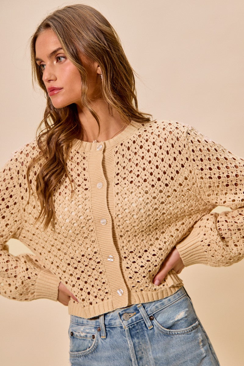 Front view of Casey Open Knitted Button Down Cardigan showing button front and round neckline.