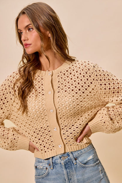 Front view of Casey Open Knitted Button Down Cardigan showing button front and round neckline.