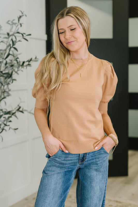Giselle Puff Sleeve Blouse in Brush front view, ribbed knit beige top with puff sleeves