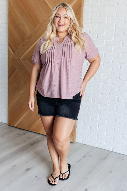 Plus size Chance Pleat Front Blouse in light mauve knit eyelet with V-neck and balloon sleeves – front view.
