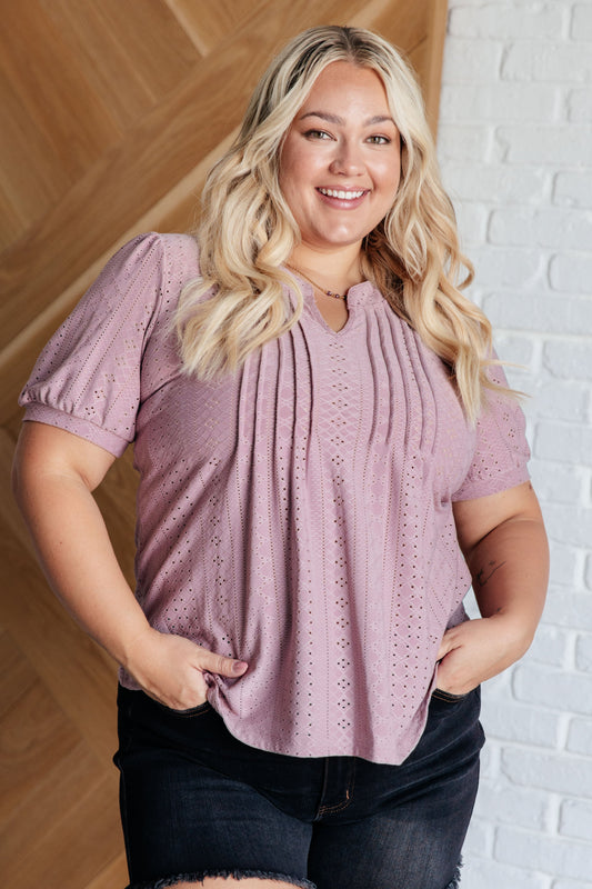 Plus size light mauve Chance Pleat Front Blouse with knit eyelet, V-neckline, balloon sleeves – front view.
