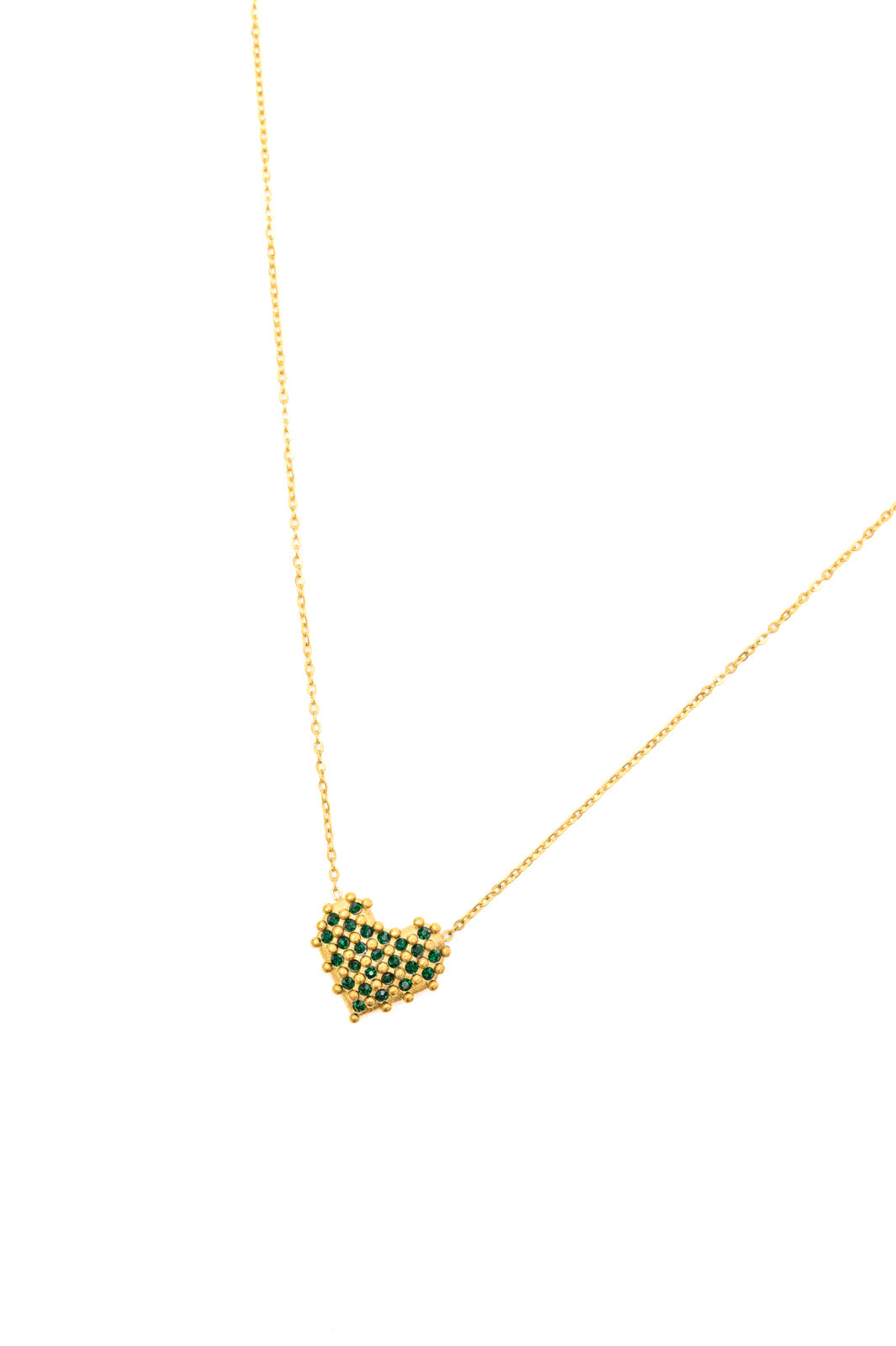 A checkered heart necklace with 18k gold-plated stainless steel, featuring green faceted stones in a checkerboard design on a heart-shaped pendant. 