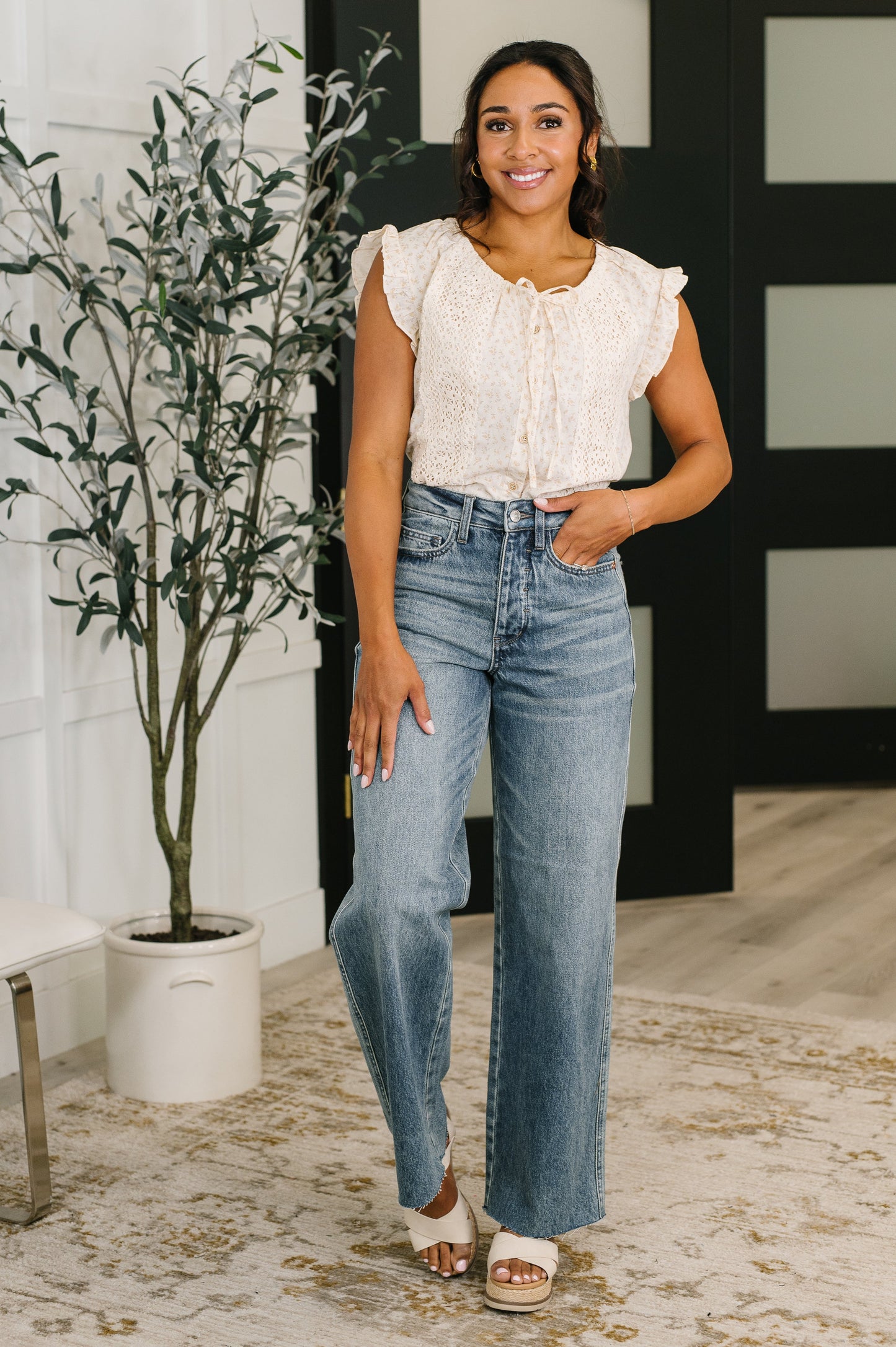 Front view of Ciera High Waist Rigid Magic Wilhelmina Baggy Jeans by Judy Blue high rise fit.