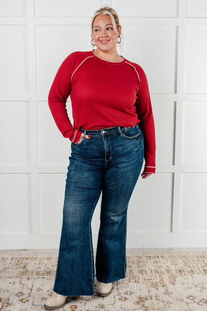 Full body view of plus size model in Pavla Waffle Knit Top, casual chic red style