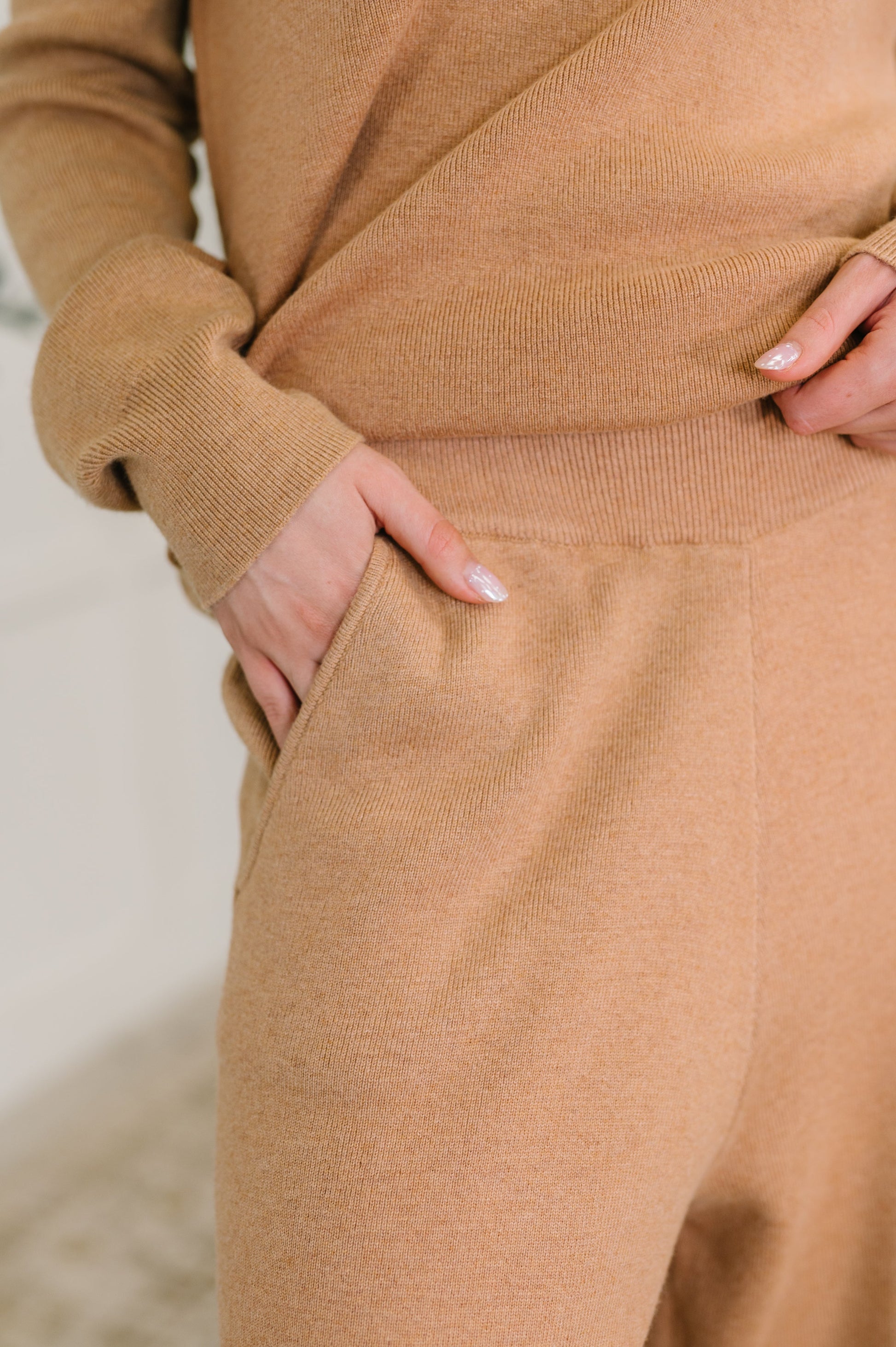 Close-up of waistband and ribbed knit texture on Clove Culottes in Camel