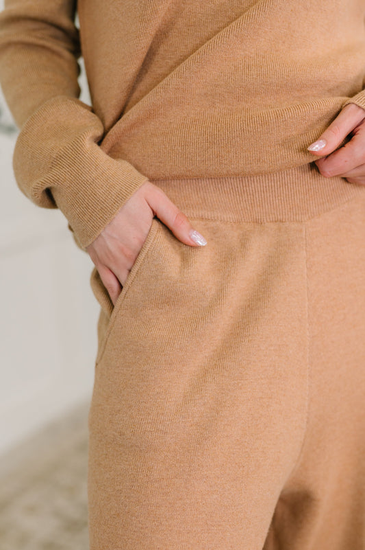 Close-up of waistband and ribbed knit texture on Clove Culottes in Camel