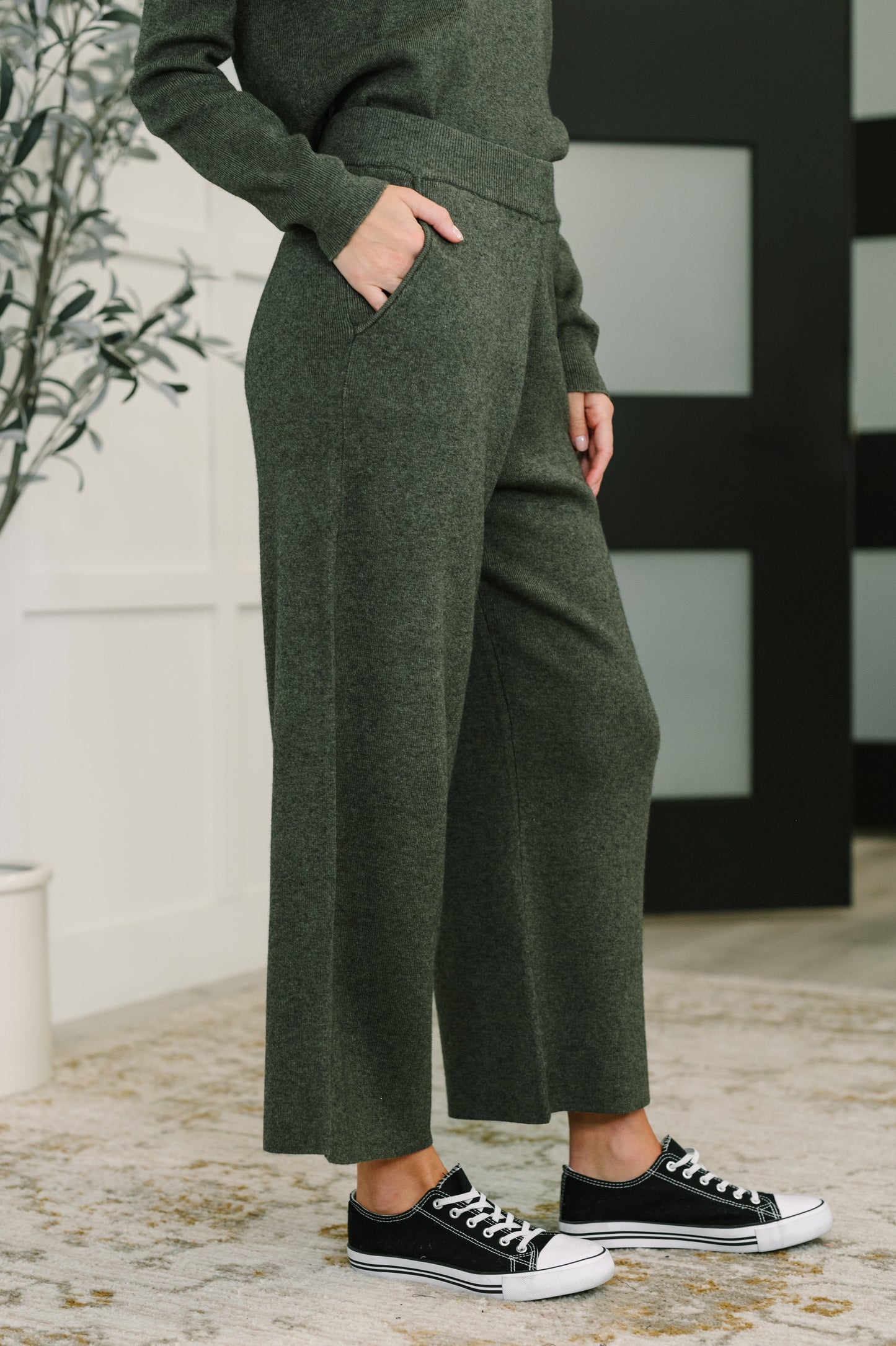 Clove Culottes in Moss – Wide Leg, Pockets, Stretch Ribbed Knit