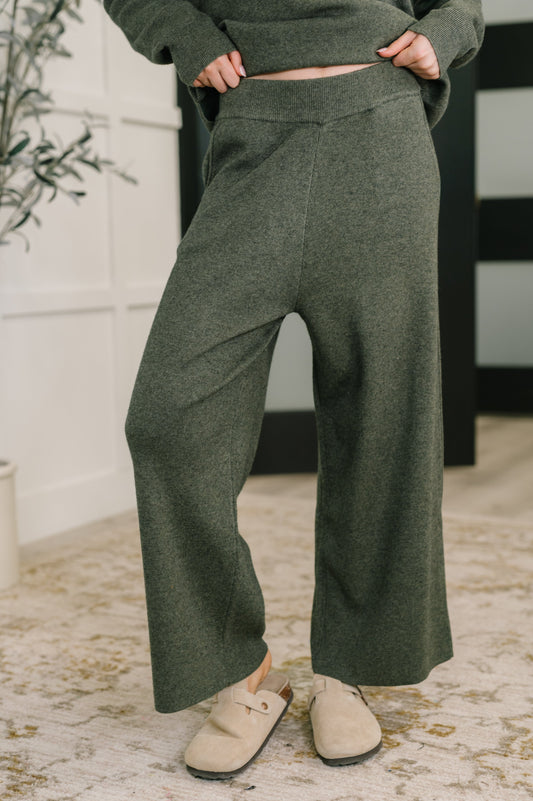 Front view of Clove Culottes in Moss with wide leg and ribbed knit texture