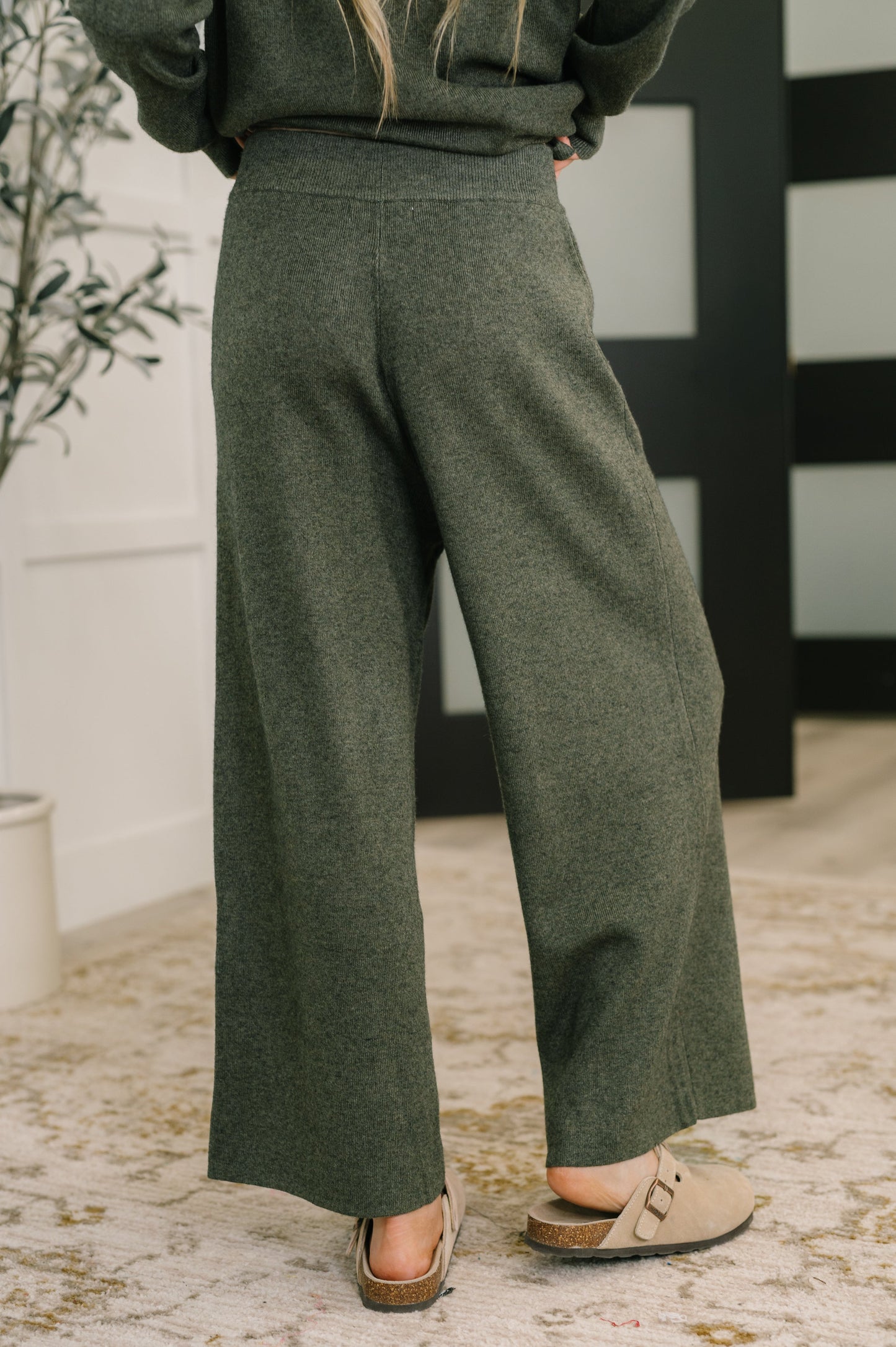 Back view of Clove Culottes in Moss showing relaxed fit and ribbed knit