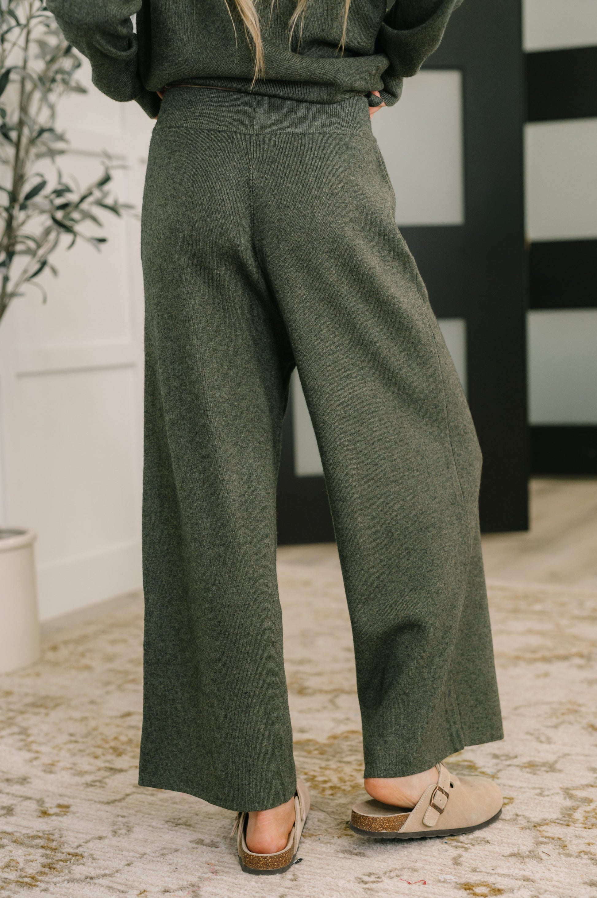 Back view of Clove Culottes in Moss showing relaxed fit and ribbed knit