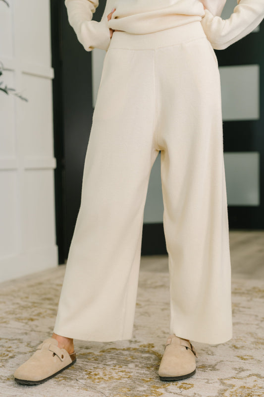 Front view of Clove Culottes in Oat with ribbed knit and wide leg silhouette