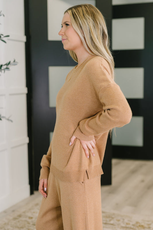 Side view of Clove Sweater in Camel showing drop shoulder design