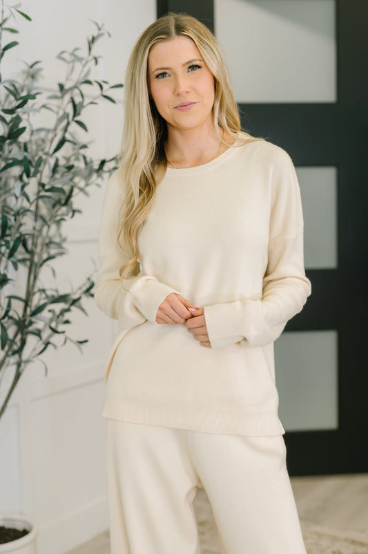 Front view of Clove Sweater in Oat with ribbed knit and oversized fit