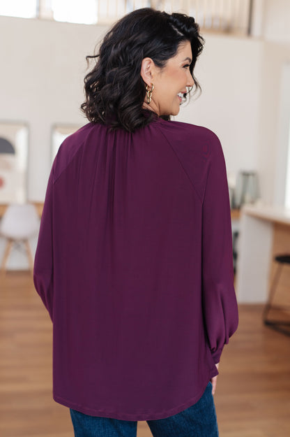Louise Mock Neck Blouse - Plum Bulgari Knit, High-Low Hem, Long Sleeve