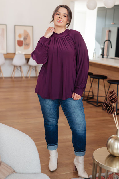 Louise Mock Neck Blouse - Plum Bulgari Knit, High-Low Hem, Long Sleeve