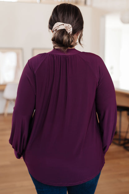 Louise Mock Neck Blouse - Plum Bulgari Knit, High-Low Hem, Long Sleeve
