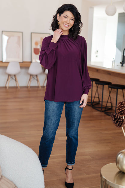 Louise Mock Neck Blouse - Plum Bulgari Knit, High-Low Hem, Long Sleeve
