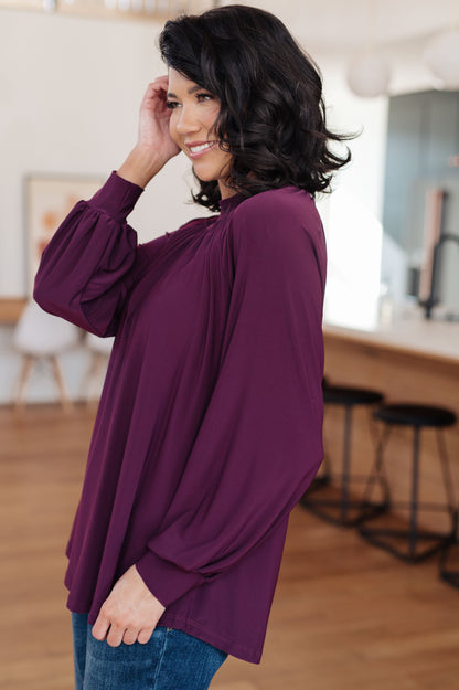 Louise Mock Neck Blouse - Plum Bulgari Knit, High-Low Hem, Long Sleeve
