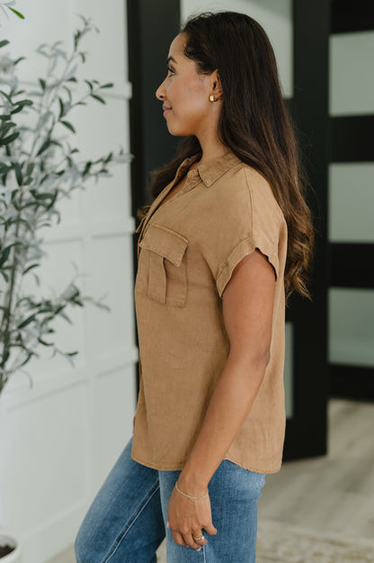 Side view of Waverly Button Down Blouse in deep camel showing dolman sleeve