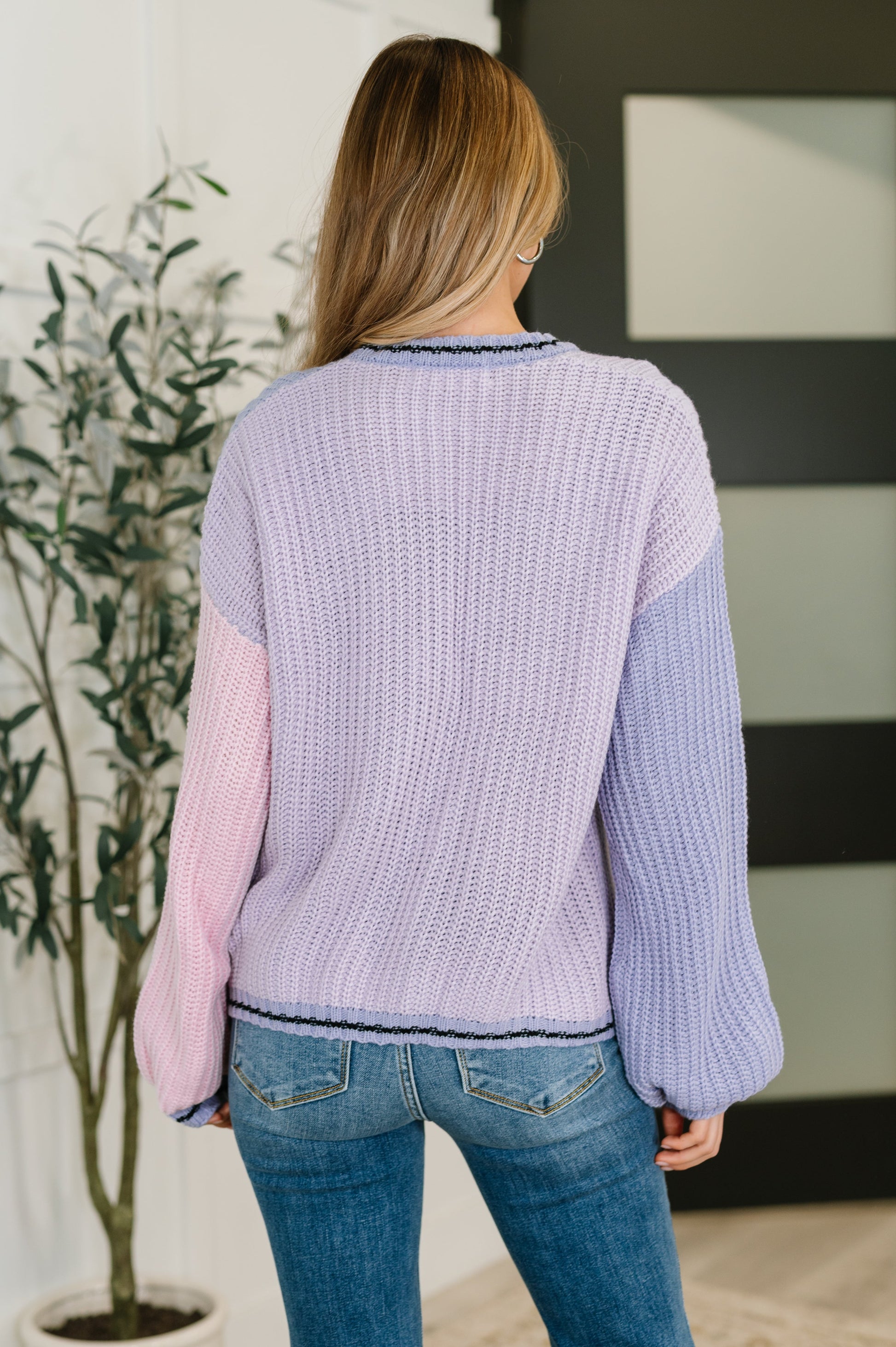 Back view of Coraline Color Block Cardigan featuring color block pattern and long sleeves.