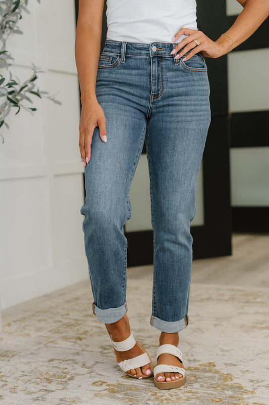 Front view of Colette Mid Rise Boyfriend Jeans in dark wash with optional cuff and zip fly.