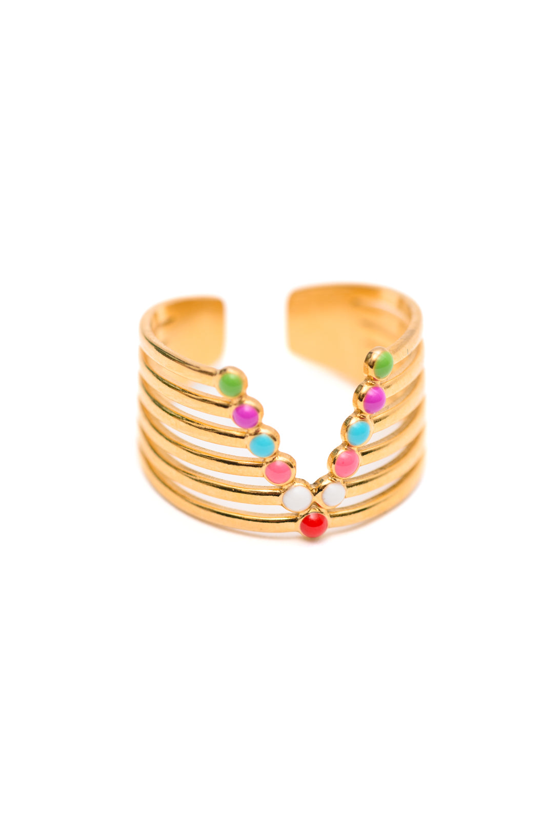 An 18K gold-plated stainless steel adjustable ring, with multi colored design hypoallergenic and water-resistant, designed for everyday wear. 