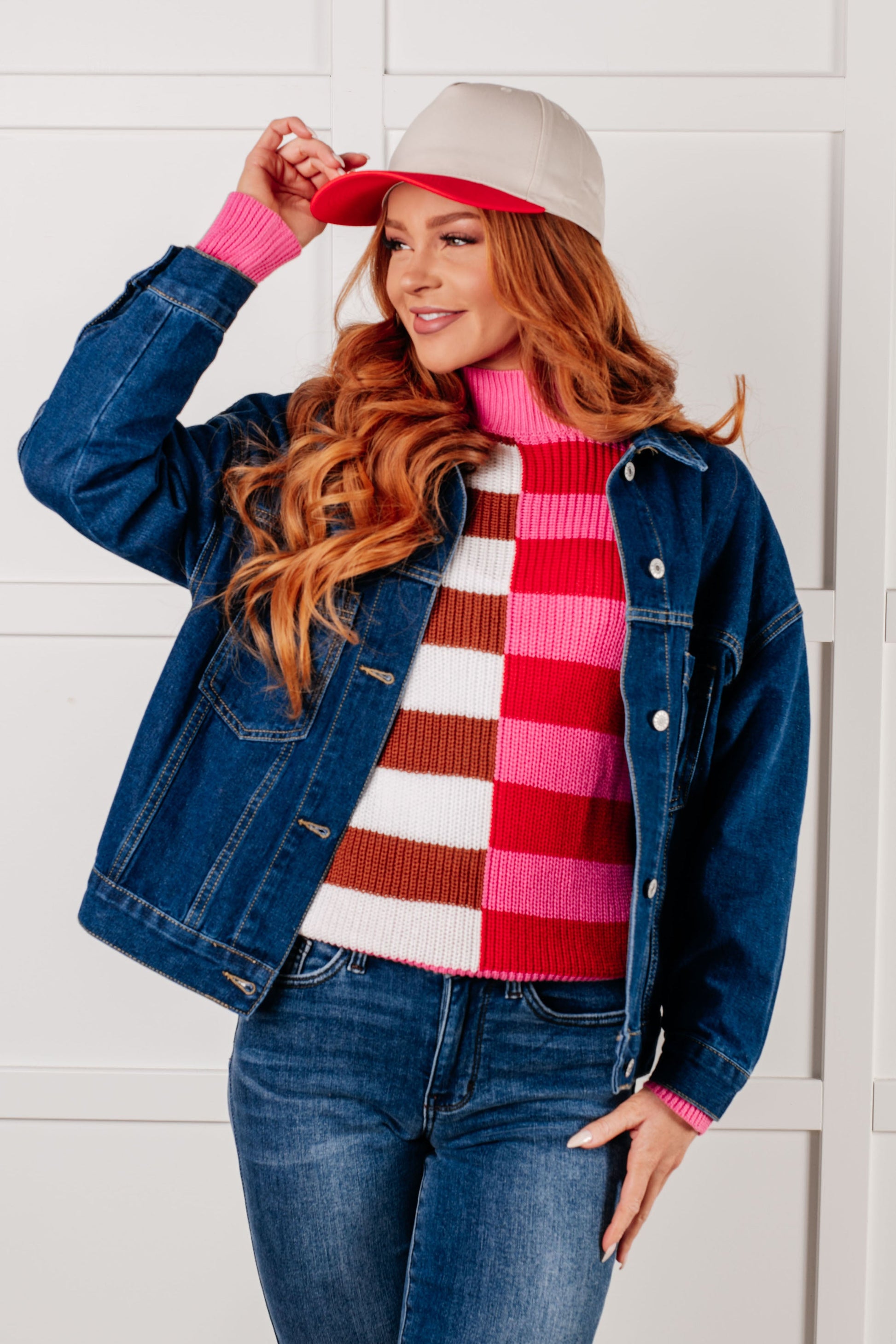 Portia Oversized Denim Jacket front view in dark wash denim with button front and cuffed sleeves