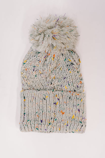 Front view of Cover Your Ears Pom Pom Beanie showing cable knit and speckled texture.