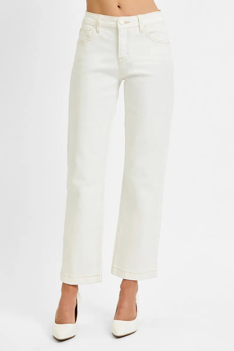 Cream Risen Leanne mid rise ankle straight jeans with tummy control, front view