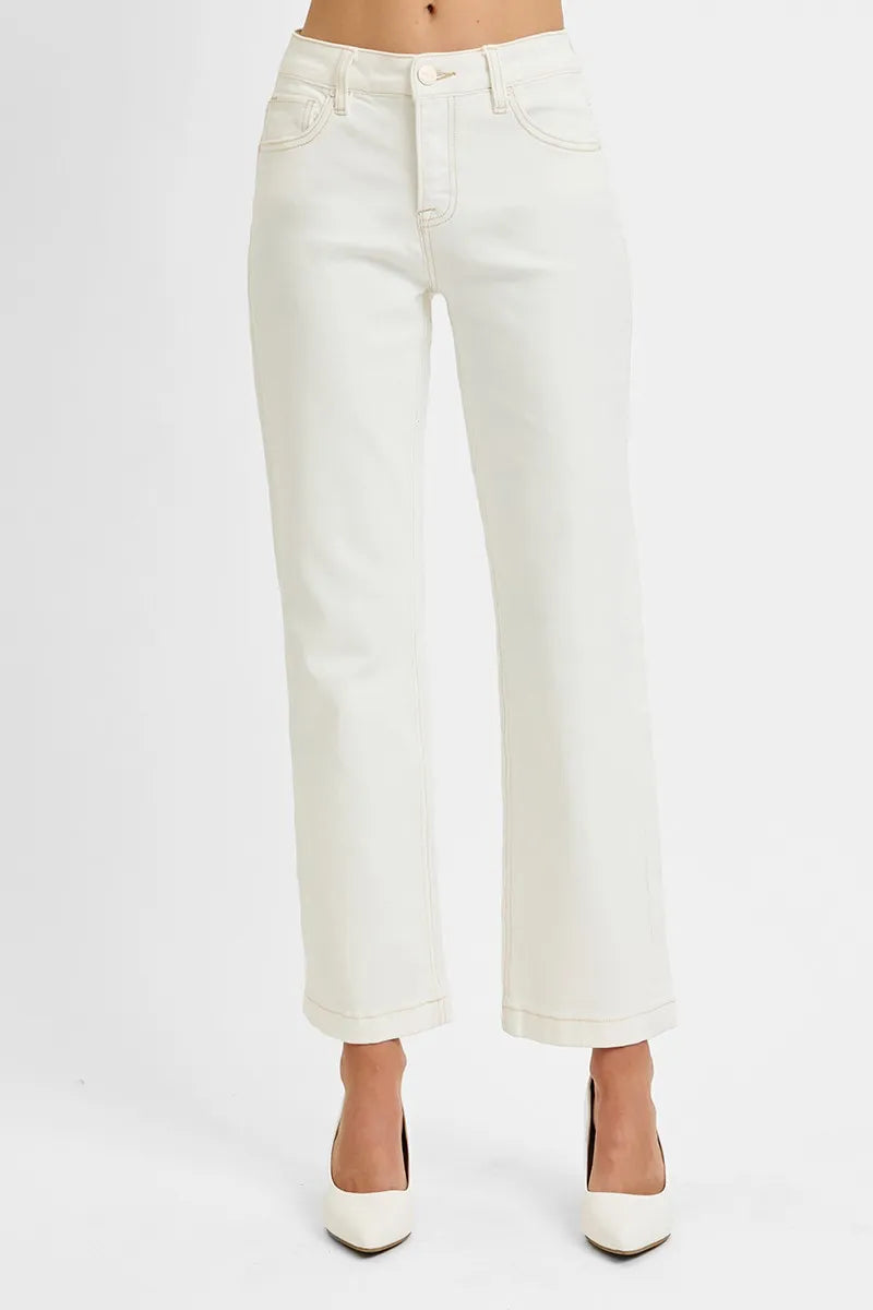 Cream mid rise ankle jeans with straight silhouette and tummy control, front.