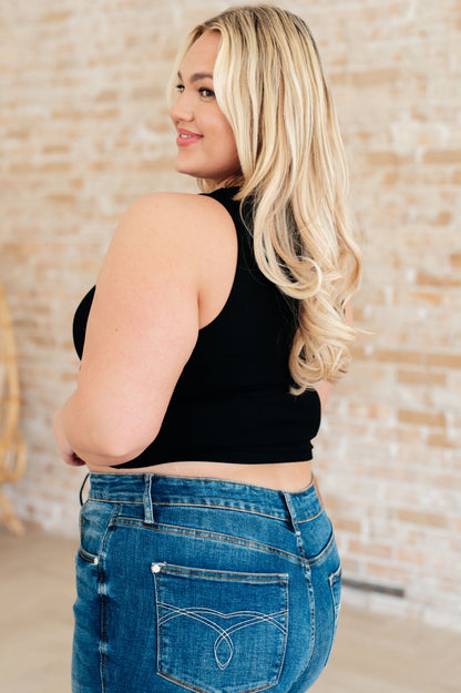 Back view plus size black ribbed crop tank top, sleeveless style with round neckline, chic casual summer staple.