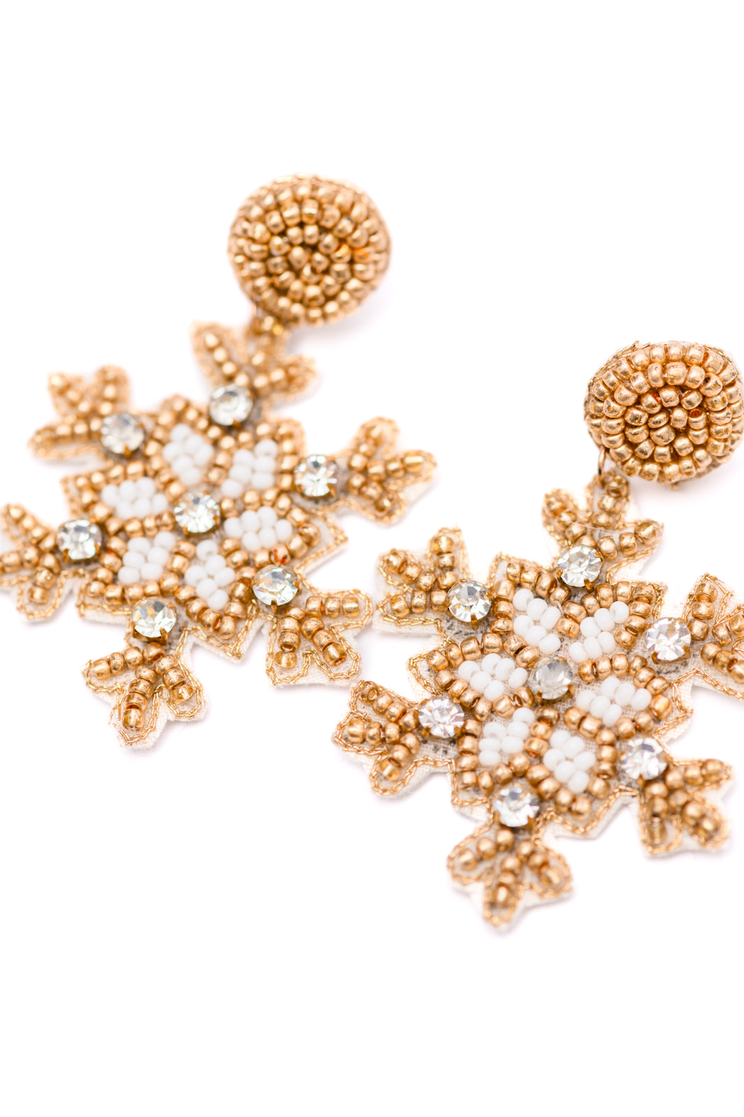 Beaded snowflake post earrings with mounted gemstone accents, 2.5 inches long